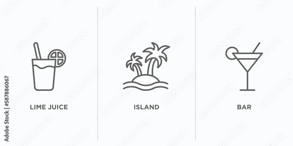 Poster summer outline icons set. thin line icons such as lime juice, island, bar vector. linear icon sheet 