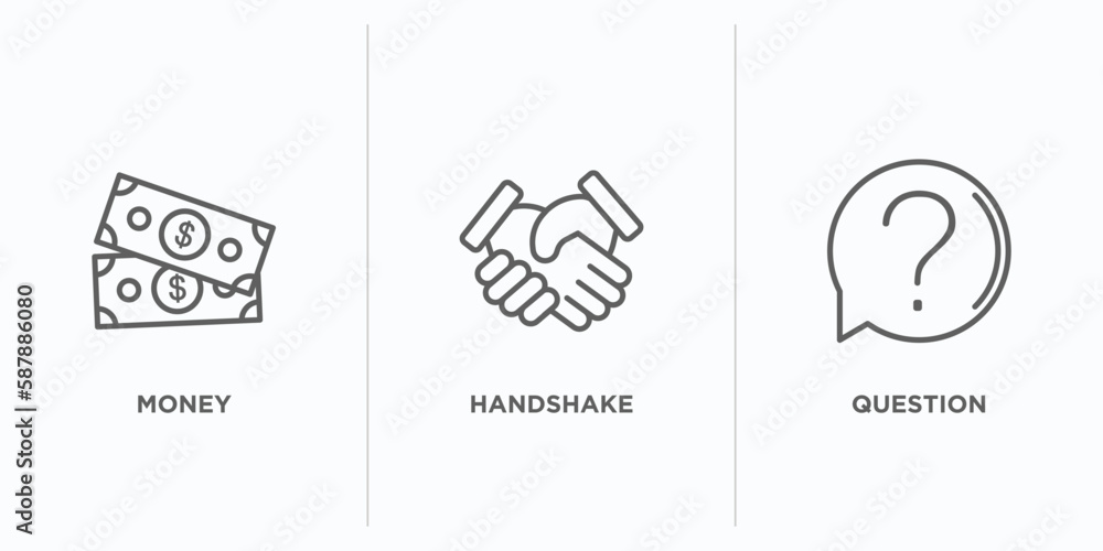 Poster strategy outline icons set. thin line icons such as money, handshake, question vector. linear icon s