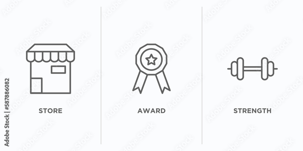 Poster strategy outline icons set. thin line icons such as store, award, strength vector. linear icon sheet