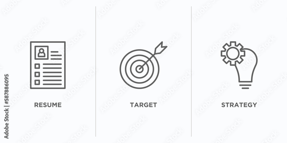 Poster strategy outline icons set. thin line icons such as resume, target, strategy vector. linear icon she