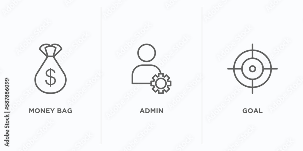 Poster strategy outline icons set. thin line icons such as money bag, admin, goal vector. linear icon sheet
