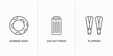 summer outline icons set. thin line icons such as rubber ring, air mattress, flippers vector. linear icon sheet can be used web and mobile © IconArt