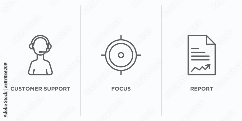 Poster strategy outline icons set. thin line icons such as customer support, focus, report vector. linear i