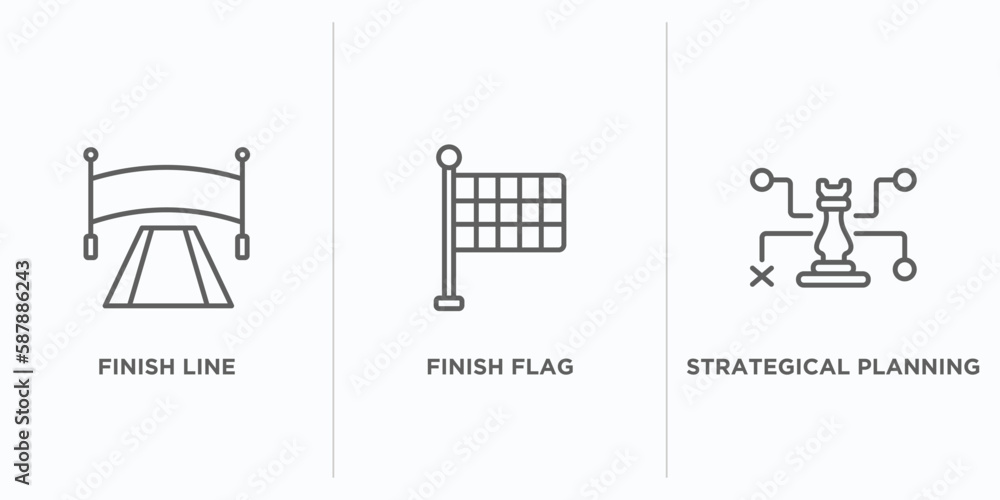 Poster startup stategy and outline icons set. thin line icons such as finish line, finish flag, strategical