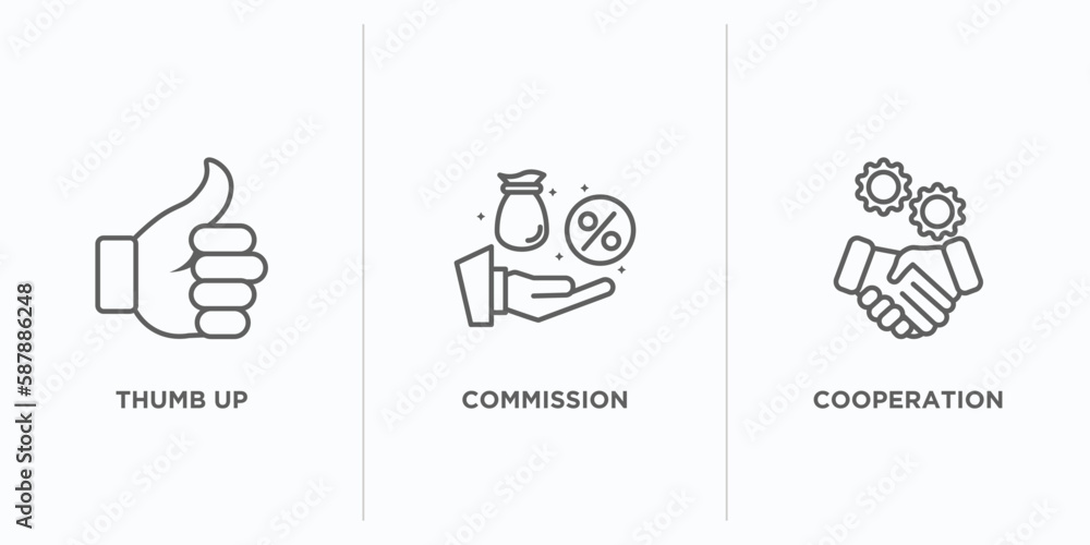 Poster success outline icons set. thin line icons such as thumb up, commission, cooperation vector. linear 