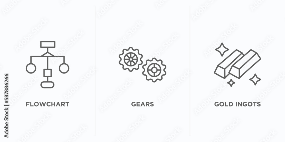 Aufkleber success outline icons set. thin line icons such as flowchart, gears, gold ingots vector. linear icon