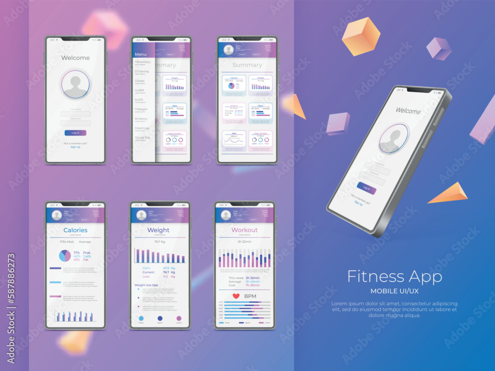 Poster Fitness app. UX UI design. Fit training for android. Mobile digital sport application. Health chart. Weight and calories data. Vector realistic smartphone workout menu interfaces set