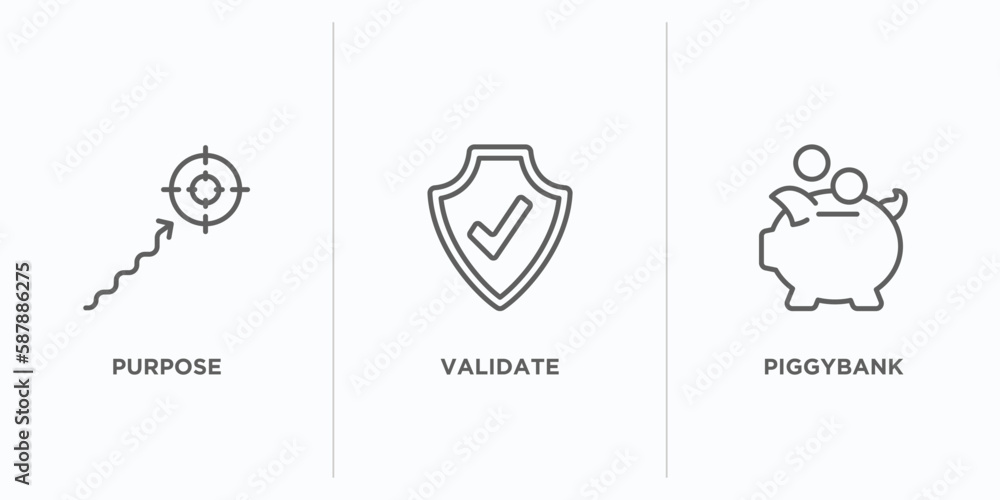Poster startup stategy and outline icons set. thin line icons such as purpose, validate, piggybank vector. 