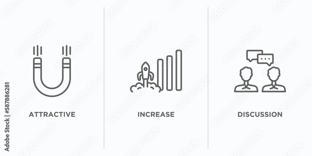 Poster startup stategy and outline icons set. thin line icons such as attractive, increase, discussion vect