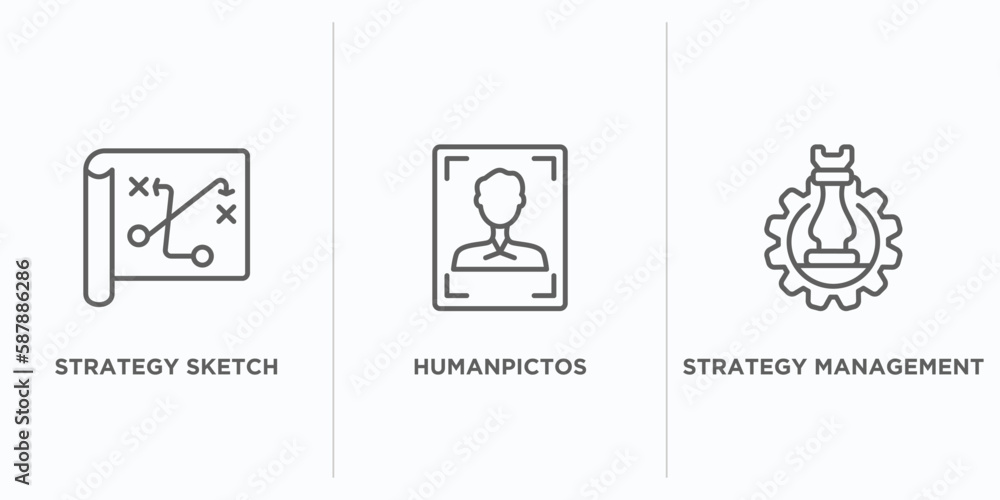 Poster startup stategy and outline icons set. thin line icons such as strategy sketch, humanpictos, strateg