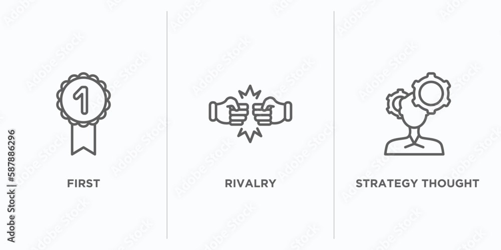 Poster startup stategy and outline icons set. thin line icons such as first, rivalry, strategy thought vect