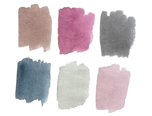 Watercolor set of six rectangles of cold shades: blue, gray, lavender, steel, lilac.
Hand drawn watercolor drawing clip art elements for design