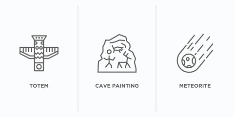 stone age outline icons set. thin line icons such as totem, cave painting, meteorite vector. linear icon sheet can be used web and mobile © IconArt