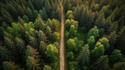 Illustration of a winding road through a dense forest seen from above created with Generative AI technology
