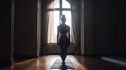 Fototapeta na wymiar Young girl doing yoga indoors. Generative AI