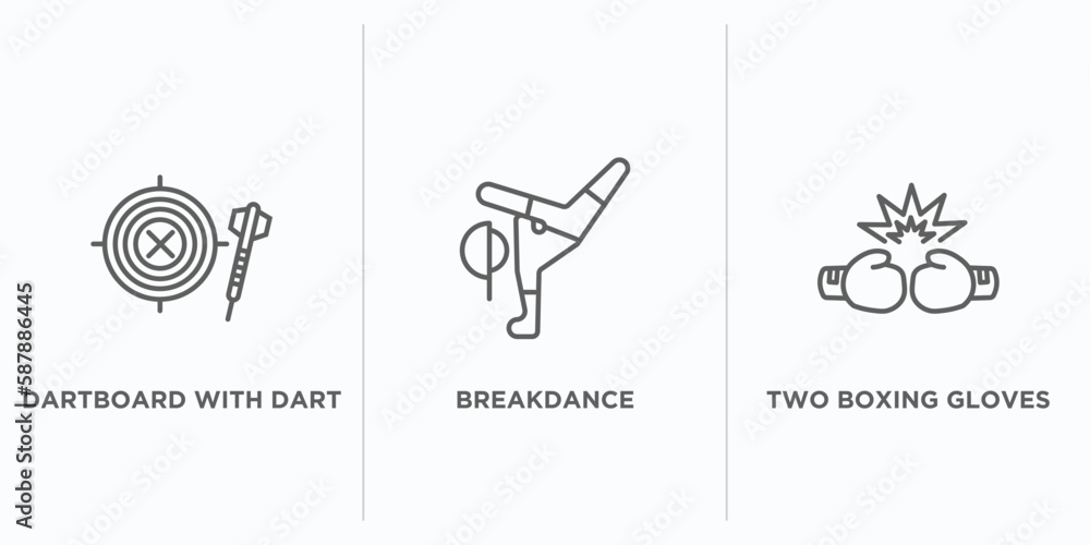 Poster sports outline icons set. thin line icons such as dartboard with dart, breakdance, two boxing gloves