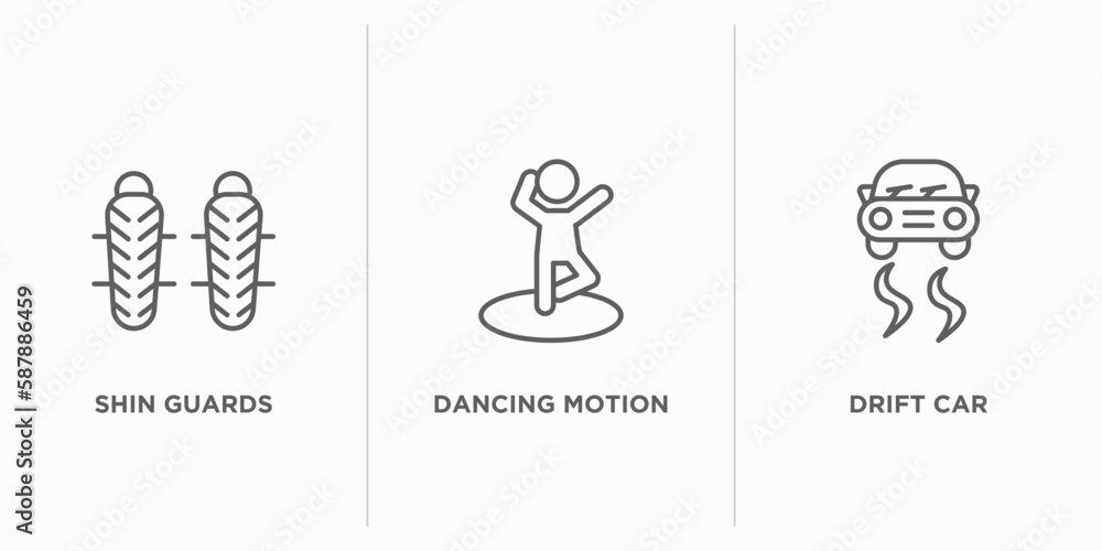 Poster sports outline icons set. thin line icons such as shin guards, dancing motion, drift car vector. lin