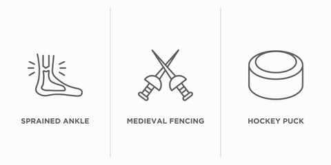 sports outline icons set. thin line icons such as sprained ankle, medieval fencing, hockey puck vector. linear icon sheet can be used web and mobile