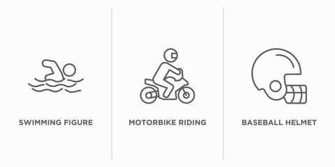 sports outline icons set. thin line icons such as swimming figure, motorbike riding, baseball helmet vector. linear icon sheet can be used web and mobile