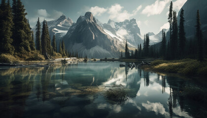 Tranquil scene with majestic mountain peak reflection generated by AI