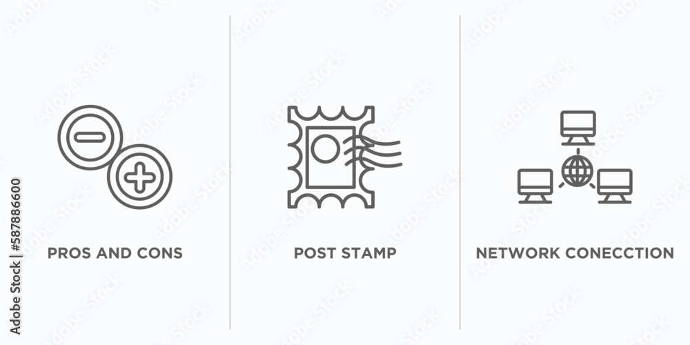 Poster social media marketing outline icons set. thin line icons such as pros and cons, post stamp, network