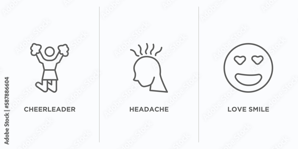 Poster smileys outline icons set. thin line icons such as cheerleader, headache, love smile vector. linear 