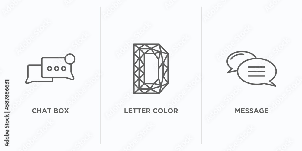 Poster social media marketing outline icons set. thin line icons such as chat box, letter color, message ve