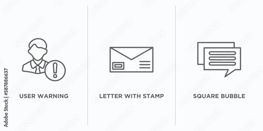 Poster social media marketing outline icons set. thin line icons such as user warning, letter with stamp, s