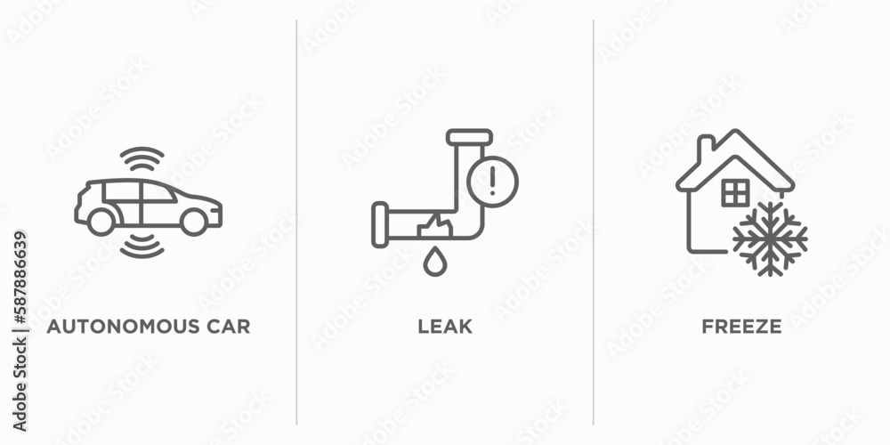 Poster smart home outline icons set. thin line icons such as autonomous car, leak, freeze vector. linear ic