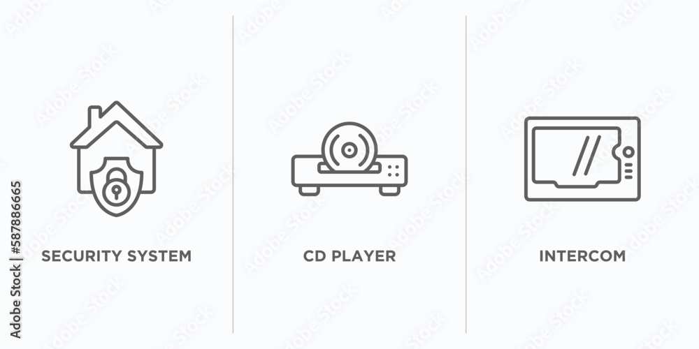 Poster smart home outline icons set. thin line icons such as security system, cd player, intercom vector. l