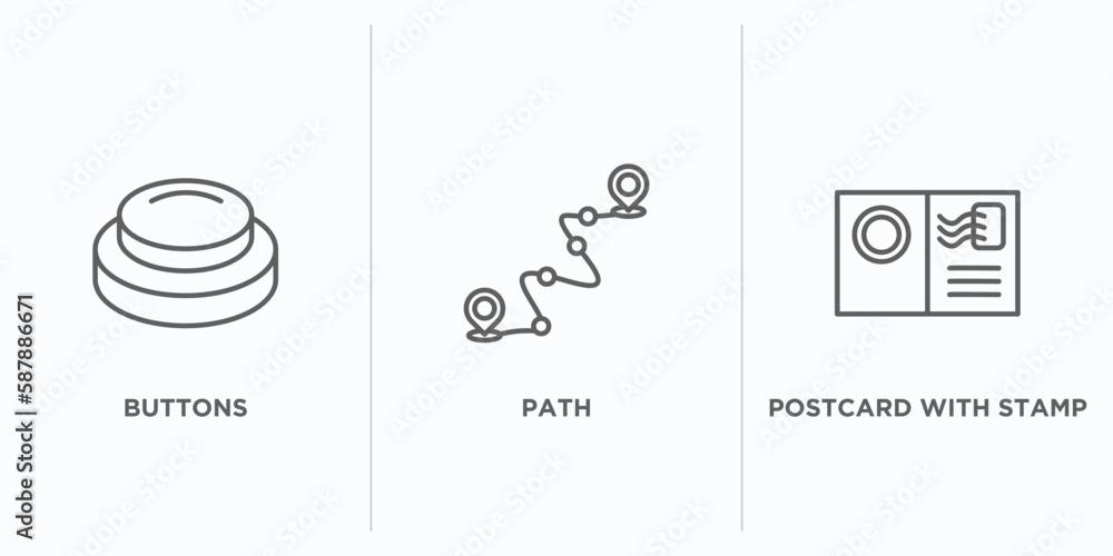 Poster social media marketing outline icons set. thin line icons such as buttons, path, postcard with stamp