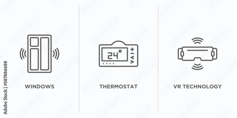Poster smart home outline icons set. thin line icons such as windows, thermostat, vr technology vector. lin