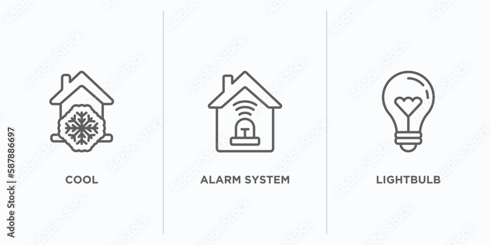 Poster smart home outline icons set. thin line icons such as cool, alarm system, lightbulb vector. linear i