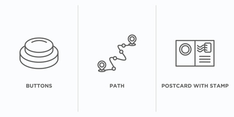 social media marketing outline icons set. thin line icons such as buttons, path, postcard with stamp vector. linear icon sheet can be used web and mobile