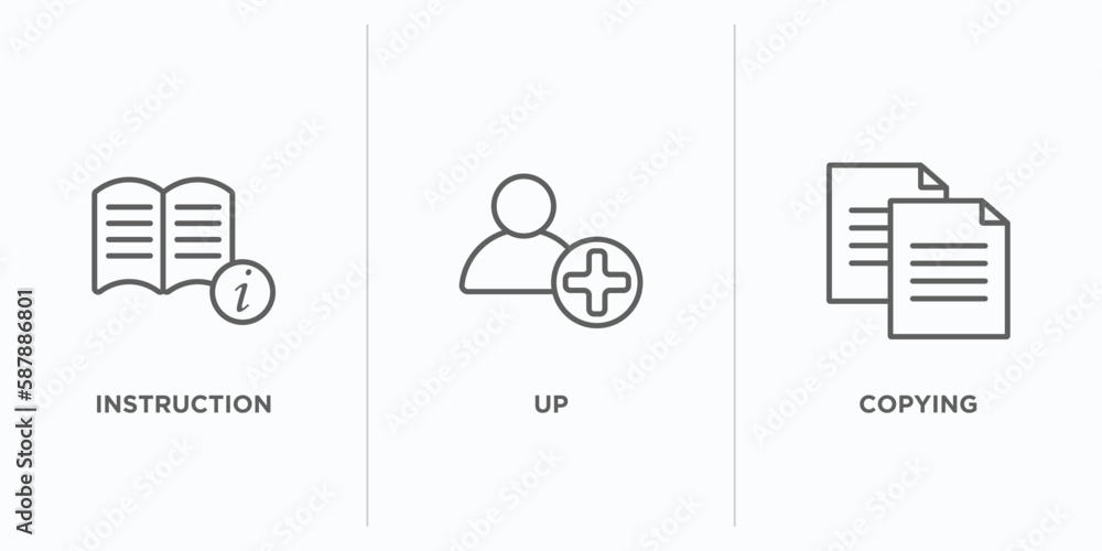 Poster signs outline icons set. thin line icons such as instruction, up, copying vector. linear icon sheet 