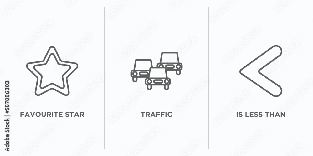 Poster signs outline icons set. thin line icons such as favourite star, traffic, is less than vector. linea