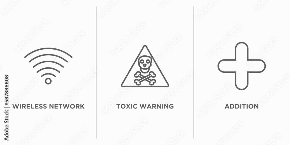 Poster signs outline icons set. thin line icons such as wireless network, toxic warning, addition vector. l