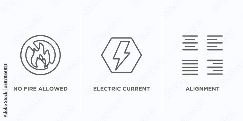 Poster signs outline icons set. thin line icons such as no fire allowed, electric current, alignment vector