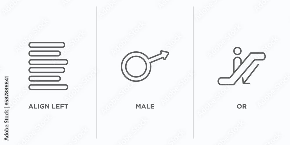 Poster signs outline icons set. thin line icons such as align left, male, or vector. linear icon sheet can 