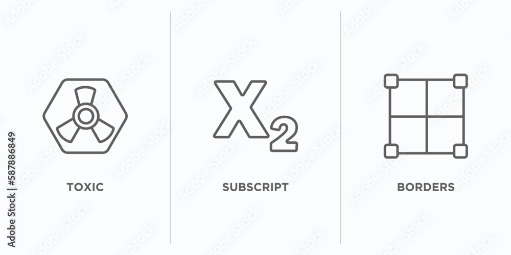 Poster signs outline icons set. thin line icons such as toxic, subscript, borders vector. linear icon sheet
