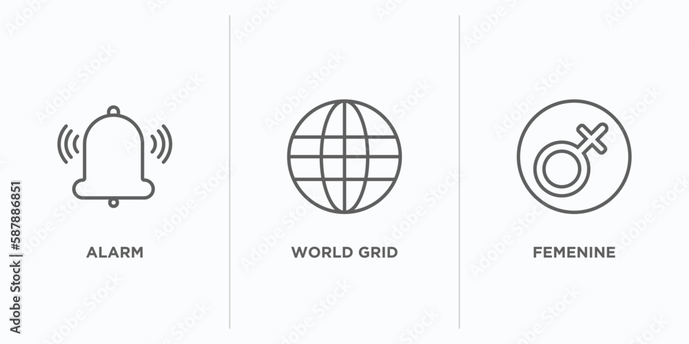Poster signs outline icons set. thin line icons such as alarm, world grid, femenine vector. linear icon she