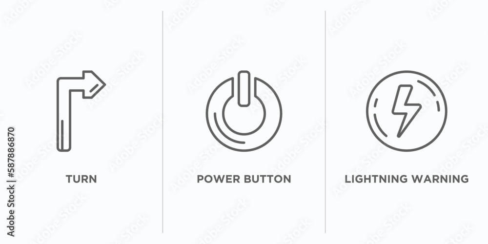 Poster signs outline icons set. thin line icons such as turn, power button, lightning warning vector. linea