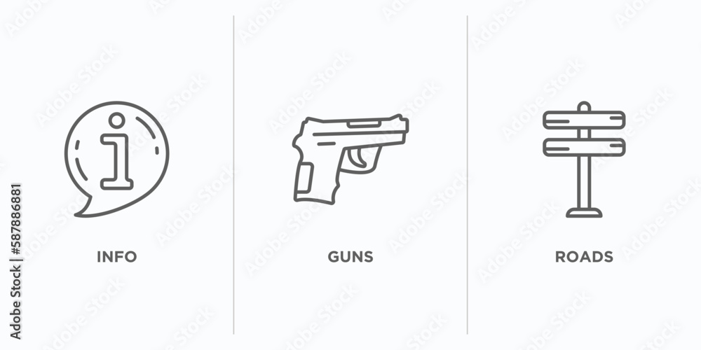 Poster signs outline icons set. thin line icons such as info, guns, roads vector. linear icon sheet can be 