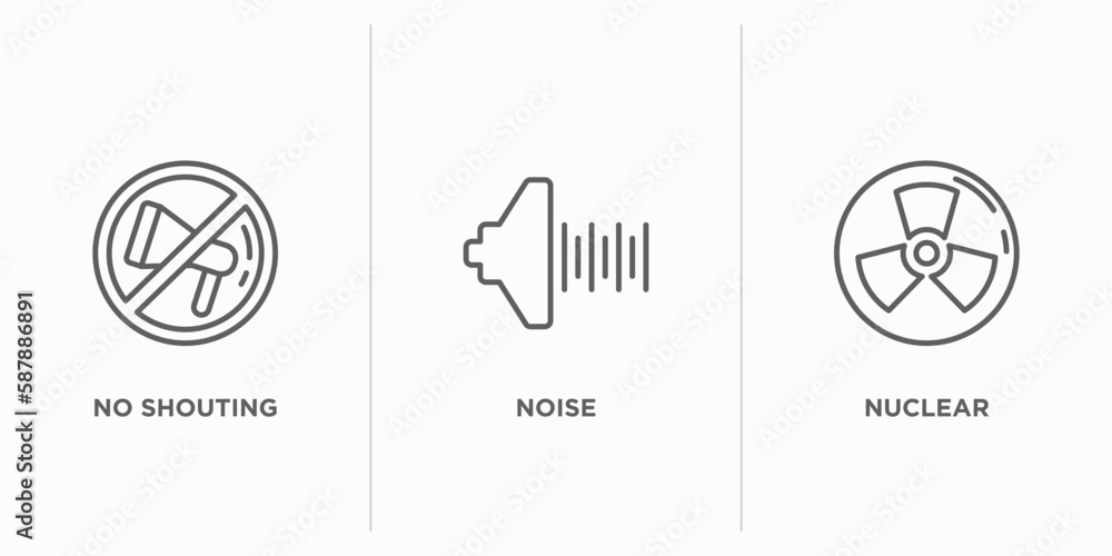 Poster signs outline icons set. thin line icons such as no shouting, noise, nuclear vector. linear icon she