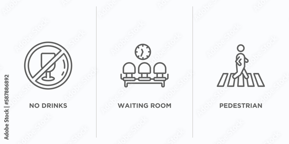 Poster signs outline icons set. thin line icons such as no drinks, waiting room, pedestrian vector. linear 
