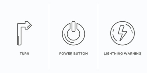 signs outline icons set. thin line icons such as turn, power button, lightning warning vector. linear icon sheet can be used web and mobile