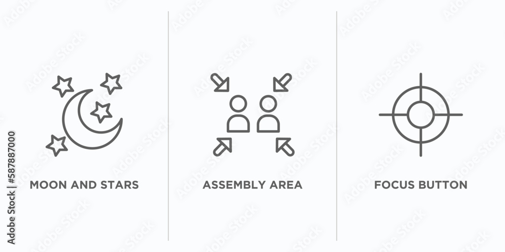 Poster shapes outline icons set. thin line icons such as moon and stars, assembly area, focus button vector