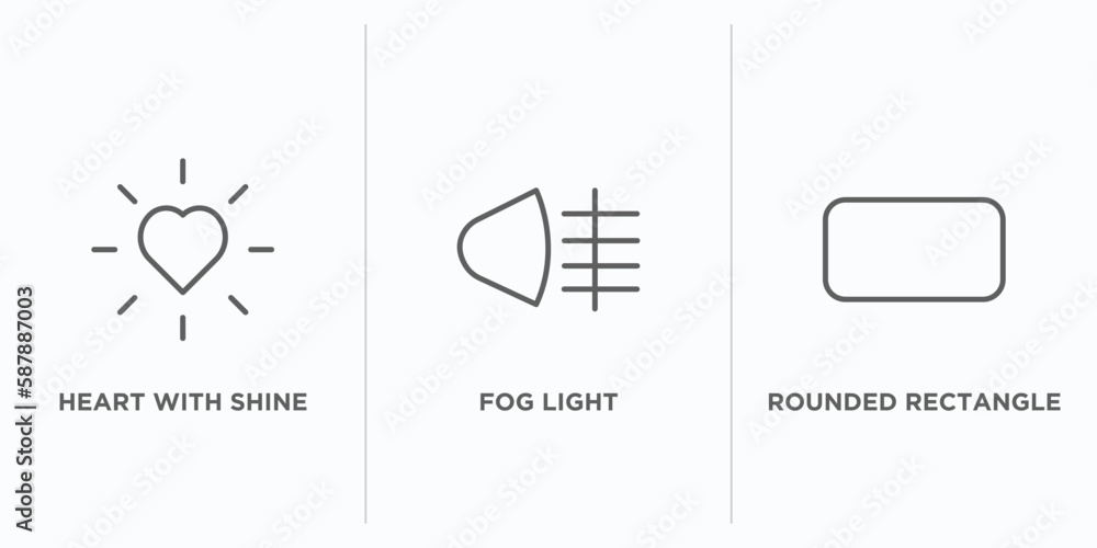 Poster shapes outline icons set. thin line icons such as heart with shine, fog light, rounded rectangle vec