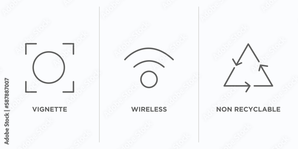 Poster shapes outline icons set. thin line icons such as vignette, wireless, non recyclable vector. linear 