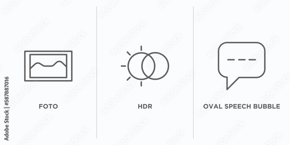 Poster shapes outline icons set. thin line icons such as foto, hdr, oval speech bubble vector. linear icon 
